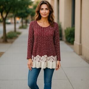 Women's Boutique Burgundy & White Popcorn Knit Tunic Ruffle Bottom NEW XXL